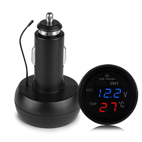 TEKCAM Digital LED Display Voltmeter Thermometer Auto Gauge 3 in 1 12 V 24 Volt Battery Voltage Tester Temperature Monitor Meter-Universal Cigarette Lighter Car USB Port Cell-Phone Charger