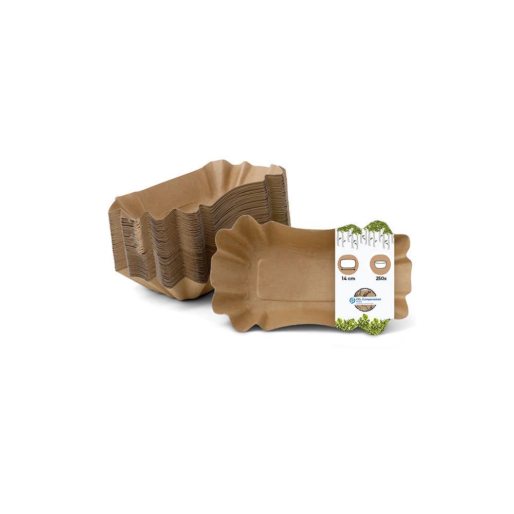 BIOZOYG Cardboard Bowls Rectangular 14 x 9 x 3 cm I Snack Plates Brown Made of Recycled Cardboard for Chips Currywurst etc. I Recyclable - eco-Friendly I Rectangular Chips-Bowls 250 Pieces
