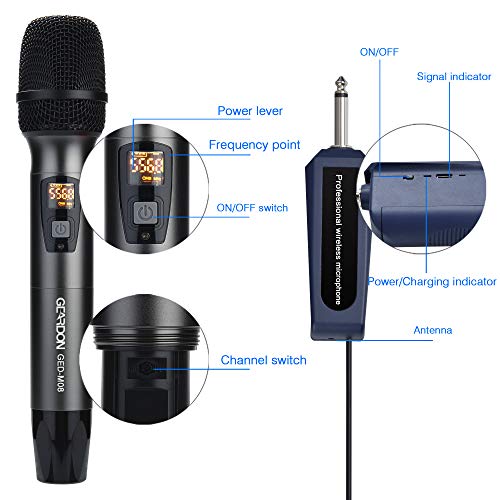 GEARDON Wireless Microphone System Dual 48 X 2Channel Cordless Mic Set 2 Handheld UHF Metal Karaoke Microphones with Rechargeable Receiver for Parties Singing Church