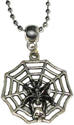 Halloween Spooky Spiderweb with Black Spider and Scull on 24" Silver-tone Ball Chain