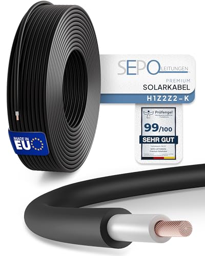 Sepo-Leitungen Solarkabel 6 Mm² 25M – Solarleitung H1Z2Z2-K - Made In Eu - Doppelt Isoliert Für Photovoltaik-Systeme – Inkl. 0% Mwst. Gem. § 12 Abs. 3 Ustg (Schwarz - 25 Meter)
