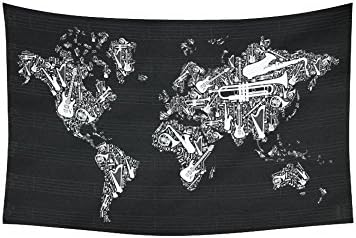 Globe Decor, World Map Silhouette Made with Musical Instruments Black and White Tapestry Wall Hanging 40 X 60 Inches
