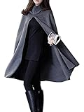 Clothink Women Solid Wool Hooded Split Front Poncho Cape