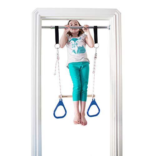 DreamGYM Indoor Swing Trapeze Bar and Gymnastic Rings Combo for Doorway Gym - Blue - Thumbnail 5
