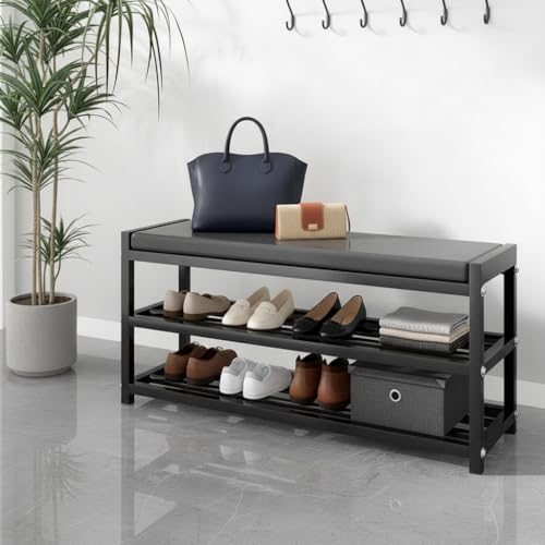 Beauenty Shoe Rack with Seat,2-Tier Shoe Rack Bench with Leather Cushion, Durable Steel Frame Shoe Stool Rack Shelf for Entryway Bedroom Living Room Balcony (90x25x41cm)