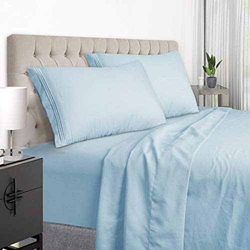 YumHome Queen Size Sheets Set - Extra Soft Luxury Brushed Microfiber Queen Bed Sheets with 15 inch Deep Pocket - Comforterble Wrinkle Fade and Hypoallergenic- 4 Piece (Queen,Lake Blue)