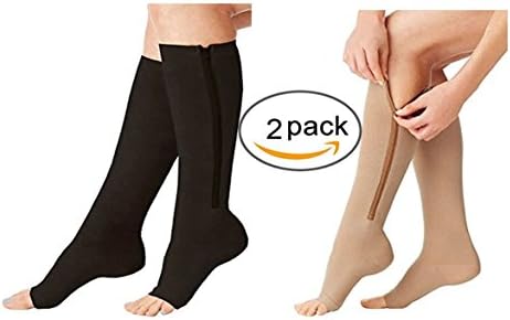 iEase 2 Pairs Compression Socks Open Toe Leg Support Stocking Knee High Socks with Zipper 15-20 mmHg (Black Beige, Small/Medium)