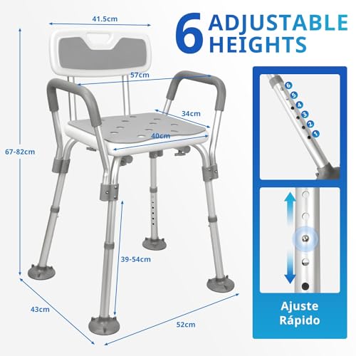SCHIB Silla de Ducha para Adulto Altura Ajustable, Silla para Baño, Carga Máxima de 150 kg, con Brazos Extraíbles, para Personas Mayores, Mujeres Embarazadas, Lesión en Una Pierna