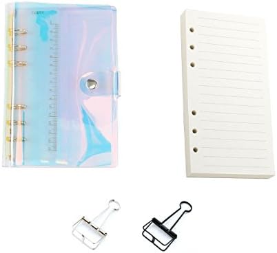 Standard 6 Holes Clear Rainbow Binder Covers Colorful Soft PVC Notebook Round Ring Binder Cover Protector Snap Button Closure Loose Leaf Folder and the inner paper,little clip