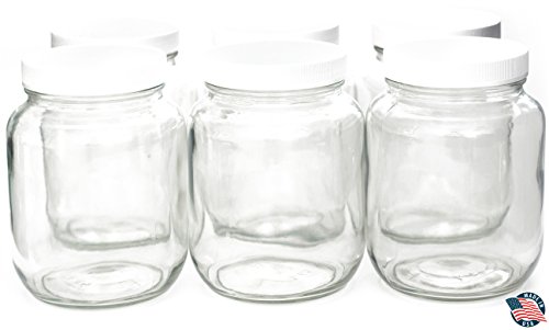 (6 Pack) ½ Half-Gallon Wide Mouth Clear Glass Mason Jar (64oz) - Plastic White Lid with Liner Seal Included - Kombucha Kefir Fermenting Storing Canning - Dishwasher Safe - Made in USA