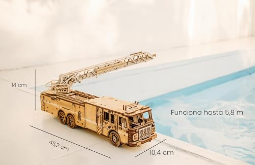 Wood Trick Movable Rescue Fire Truck - Extendable Swivel Ladder - 3D Wooden Puzzle for Adults and Kids to Build - Walks Up to 20 Feet - Wooden Models Engineering