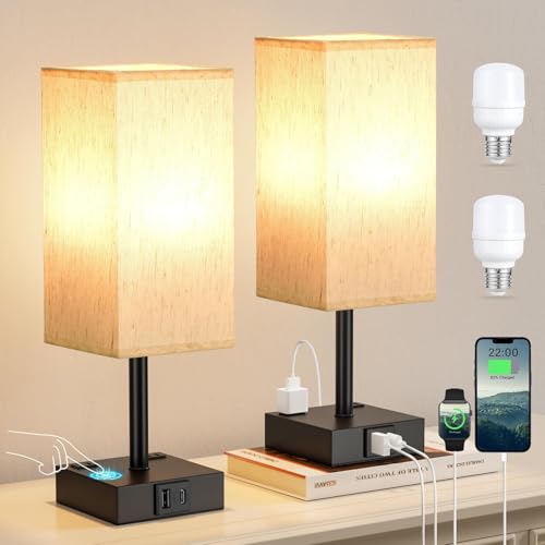 Lylilidy 2 PC Lámparas de Mesa y Buró (FOCO INCLUIDO), Lamparas de Mesa recamara Control Táctil, 2 Salidas de CA y 2 Puertos USB (A+C), 3 Niveles de Brillo