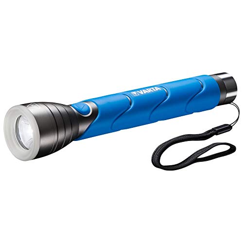 VARTA Taschenlampe LED inkl. 3x C Batterien, Outdoor Sports F30 Leuchte, Lampe mit zwei Leuchtmodi, Taschenleuchte mit gummiertem Griff, sehr robust, blau