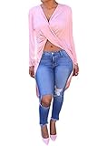 Pink Queen®Women's Solid Cross Deep V Neck Knot Front Loose T Shirts Top