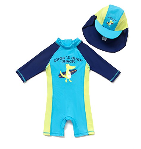 Bonverano Kids UPF 50+ Sun Protection 3/4 Sleeves One Piece Zip Sunsuit with Sun Cap(6-9 months, Blue)