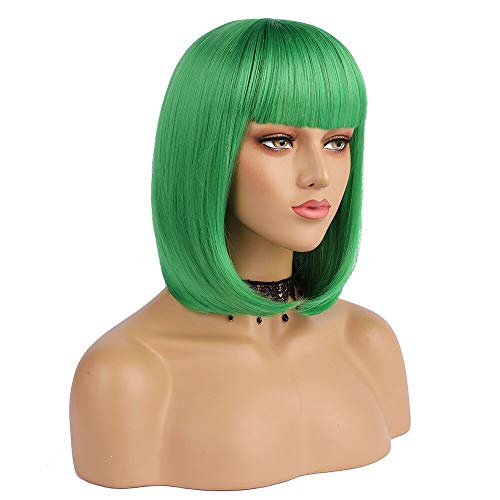 eNilecor Short Bob Hair Wigs 12" Straight with Flat Bangs Synthetic Colorful Cosplay Daily Party Wig for Women Natural As Real Hair+ Free Wig Cap (Green)