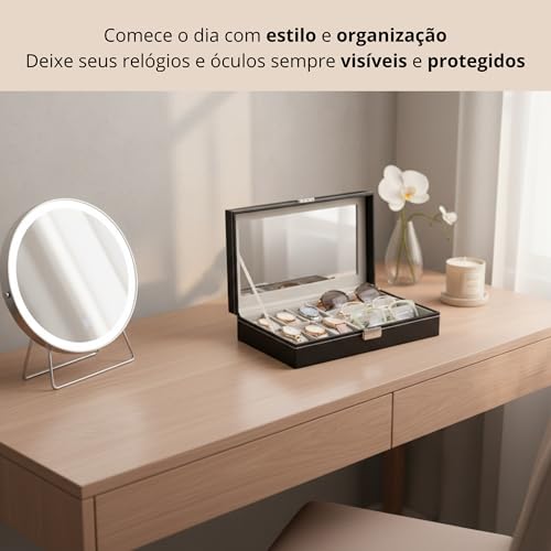 Estojo 9 compartimentos relógios e óculos couro ecológico | Forro aveludado e visor transparente protegem peças delicadas; ideal para penteadeiras, closets e viagens curtas