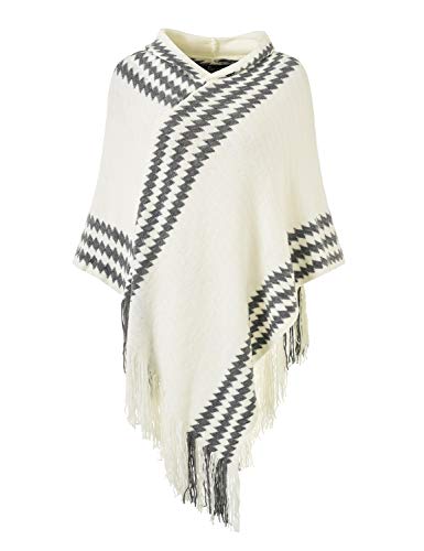 Ferand Women's Cozy Zigzag Poncho Sweater Lightweight Fringe Cape Cloak with Hood, One size, White - Thumbnail 7