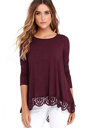 detimi Women Long Sleeve Lace Trim O-Neck A-Line Tunic Loose Blouse Burgundy L