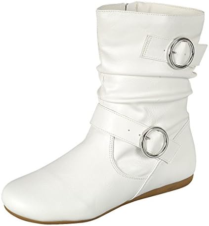Cambridge Select Women's Slouch Strappy Buckle Round Toe Flat Heel Mid-Calf Boot (7 B(M) US, White)