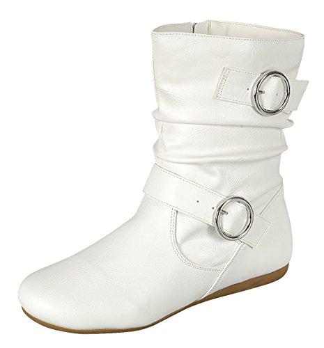 Cambridge Select Women's Slouch Strappy Buckle Round Toe Flat Heel Mid-Calf Boot (7 B(M) US, White)