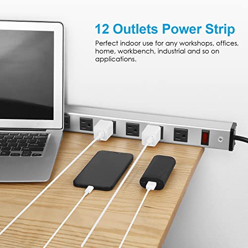 12 Outlet Industrial Metal Power Strip, WideSpaced Long Power Strip