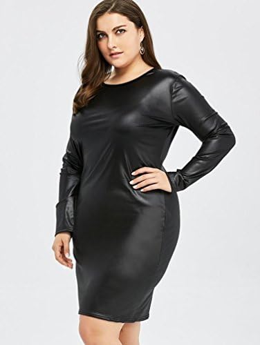 DuuoZy Plus size Women's Faux Leather Long Sleeve Slim Midi Dress Party Evening Clubwear Zipper Back Bodycon Pencil