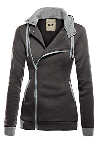 DJT Womens Oblique Zipper Slim Fit Hoodie Jacket Medium Dark Grey