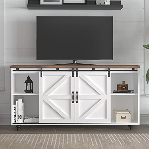 White Farmhouse TV Stand Sliding Barn Door, Modern Rustic Wood