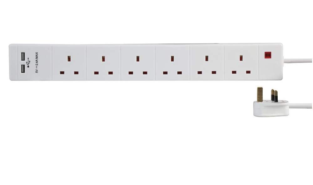 PRO ELEC PEL00123 β 6βGang Mains Extension Lead with USB, 5β―m, White