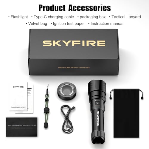 SKYFIRE High Power LED Flashlights 900000 Lumens, USB Rechargeable LED Flashlight, Powerful Flashlight with Ignition Lens, Tactical Flashlight 4 Modes for Emergencies/Camping/Hiking