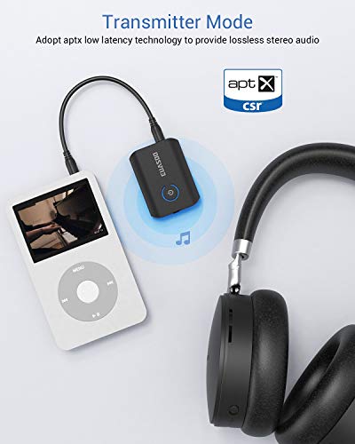 EUASOO Bluetooth 5.0 Transmitter Receiver, 2-in-1 Wireless Adapter with 3.5mm AUX Stereo Output (AptX Low Latency, Pair with 2 Bluetooth Devices Simultaneously) for PC/TV/Home Sound System, Black