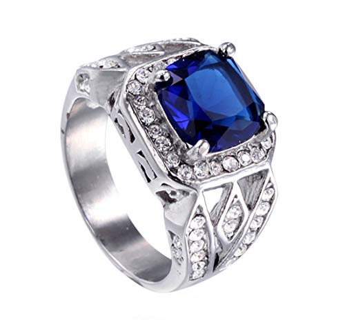 Mens Antique Diamond Cubic Aquamarine Zirconia Stainless Steel Rings,Silver Blue,Size 12