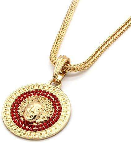 POPLife Men's Medallion Pattern Medusa Golden Red Greek 24" Franco Chain Pendant Necklace