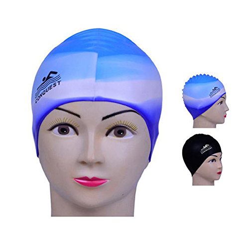 HEART SPEAKER Beach Pool Waterproof Silicone Swim Cap Adult Hair Protect Flexible Swimming Hat (Blue + White)