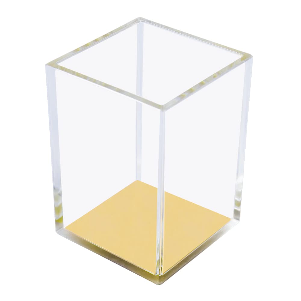 Photo 1 of MEI YI TIAN Clear Acrylic Pencil Pen Holder Cup with Yellow Gold Bottom, Desk Accessories Makeup Brush Holders Modern Design Desktop Organizer for Countertop Desk Accessory Storage