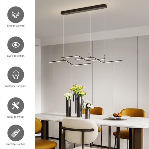 Siittoo Moderna lámpara colgante negra, lámpara de araña LED regulable de 45 W con control remoto, lámpara colgante lineal de 3 ondas de luz para comedor, cocina, isla de restaurante (52 pulgadas)