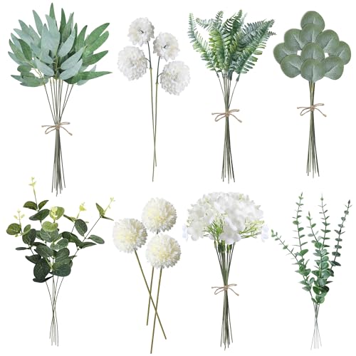ROLLWAY Pack of 55 Artificial Branches & Artificial Flowers, White Flowers Leaves, Artificial Decorative Branches, Art Flowers, Artificial Flower Bouquet, Eucalyptus Hydrangeas for DIY Bouquet, Bridal Bouquet, Wedding (55, White)