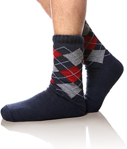 WENER Men's Fleece-Lined Cozy Thick Winter Non-Slip Slipper Socks Christmas Gift (Blue Check)