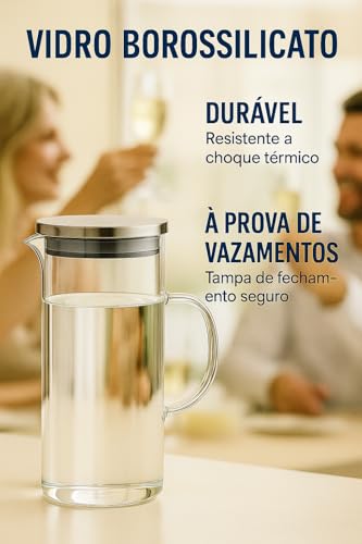 Jarra de Vidro Borossilicato com Tampa De Inox 1,4L – Design Facetado Elegante para Água, Sucos, Chá Gelado e Drinks (1,4L)