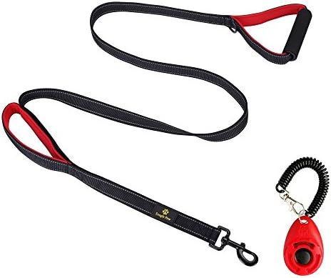 Heavy Duty Dual Handle Dog Leash, 2 Handles No Pull Reflective Lead Double Padded Two Handle for Traffic Safety Control with Dog Training Clicker, Perfect for Medium to Large Dogs, 6 Feet