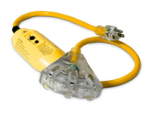 3-ft GFCI 12/3 Heavy Duty 3-Outlet SJTW Indoor/Outdoor Extension Cord by Watt's Wire - Short Yellow 3' 12-Gauge Grounded 15-Amp Three-Prong GFI Power-Cord (3 foot 12-Awg GFCI)