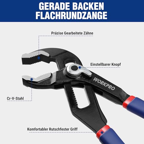 WORKPRO Water Pump Pliers, 200mm (8") and 250mm (10"), 46mm Jaw Capacity, Adjustable Grips and Slip Joint Plier Set, 2-Piece