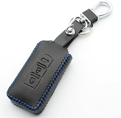 FLYBETTER Genuine Leather 3Button Keyless Entry Smart Key Case Cover For Mitsubishi Outlander Lancer Pajero Sport ASX (Blue)