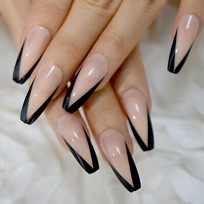 A N K 24 pieces Artificial Acrylic Long tip Manicure V shaped Coffin Bellarina False nails (black) — image 1