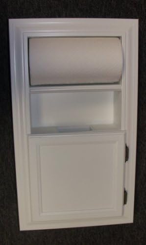 (MPU-8) Solid wood recessed in the wall paper towel holder dispenser PLUS trash can unit inset into the wall! Enamel finish or stain finish, uses standard small garbage bags. Spring loaded paper towel roller.