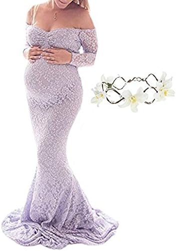 Women's Off Shoulder Lace Long Sleeve,Maxi Photography Gown,Maternity Gown,Pregnant Women's Fishtail Skirt (XL, Light Purple)
