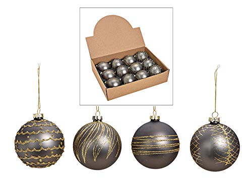 MC-Trend Set of 12 noble handmade glass Christmas balls Ø 0.26ft Christmas tree balls Christmas tree balls Christmas decoration (Grey Gold)