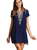 Milumia Women's Boho Lace Up Embroidered Front Shift Dress