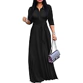 MarryUP Maxi Dresses for Women Casual V Neck 3/4 Sleeve Long Church Dress Semi Formal Outfits with Pockets